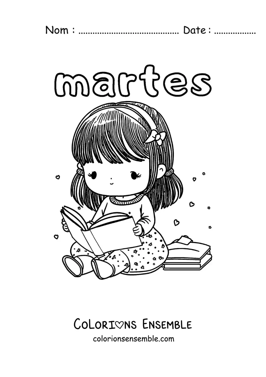 Image à colorier du mardi avec une fille qui lit un livre
