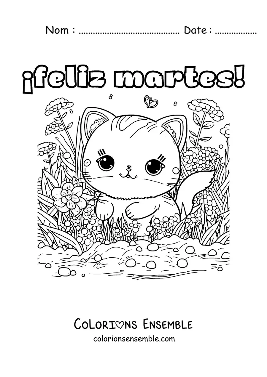 Image à colorier de bon mardi avec un chat adorable entouré de fleurs