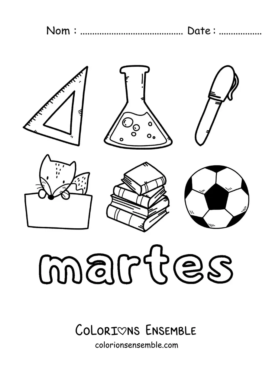 Image à colorier du mardi avec des fournitures scolaires