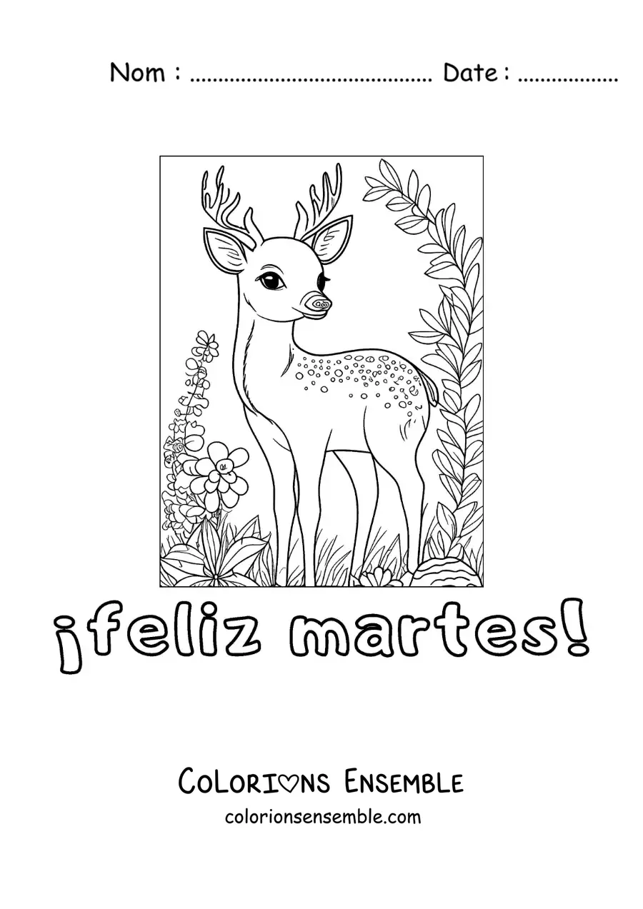 Image à colorier de bon mardi avec un cerf adorable entouré de fleurs