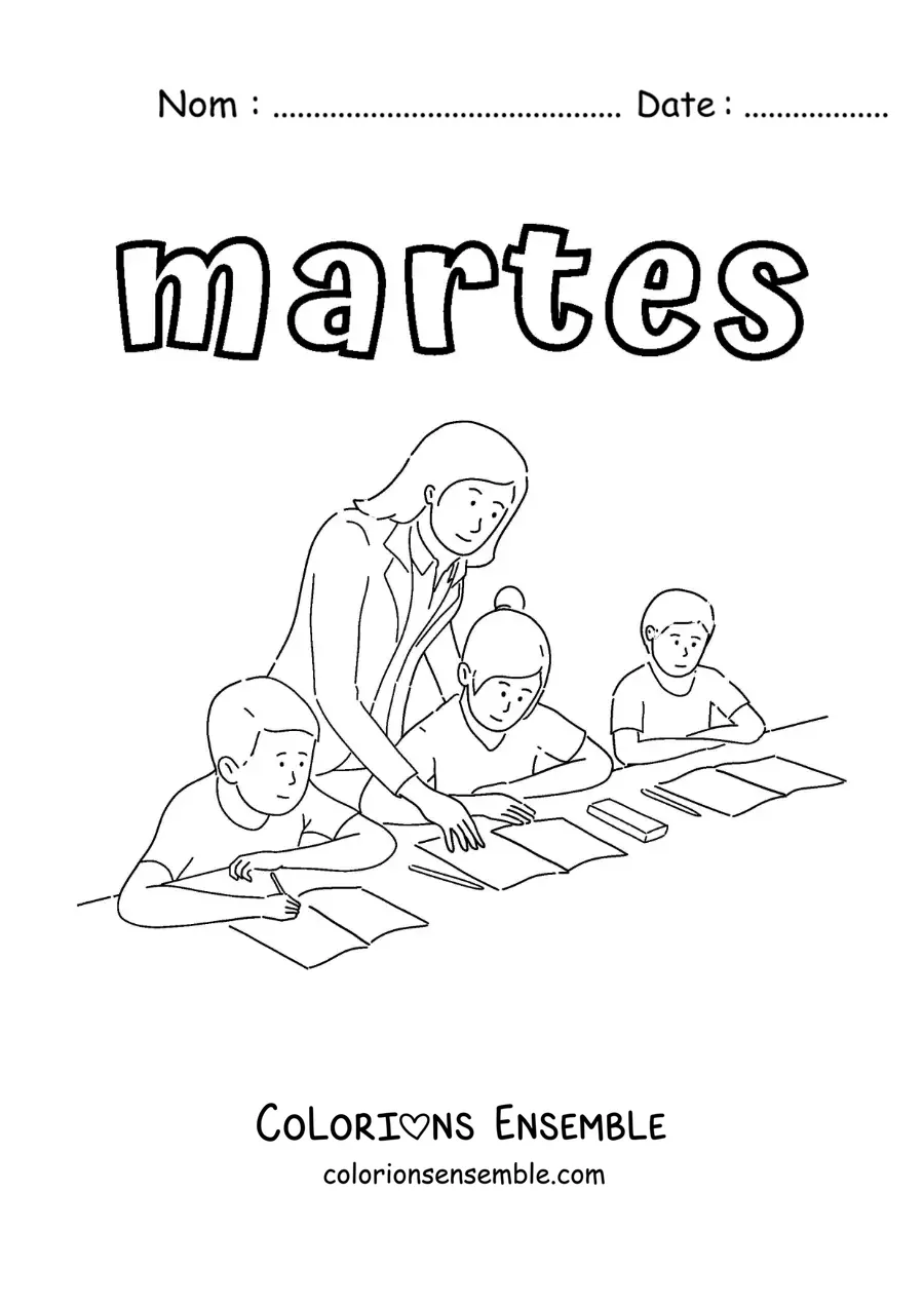 Image à colorier du mardi avec des enfants en classe avec la maîtresse