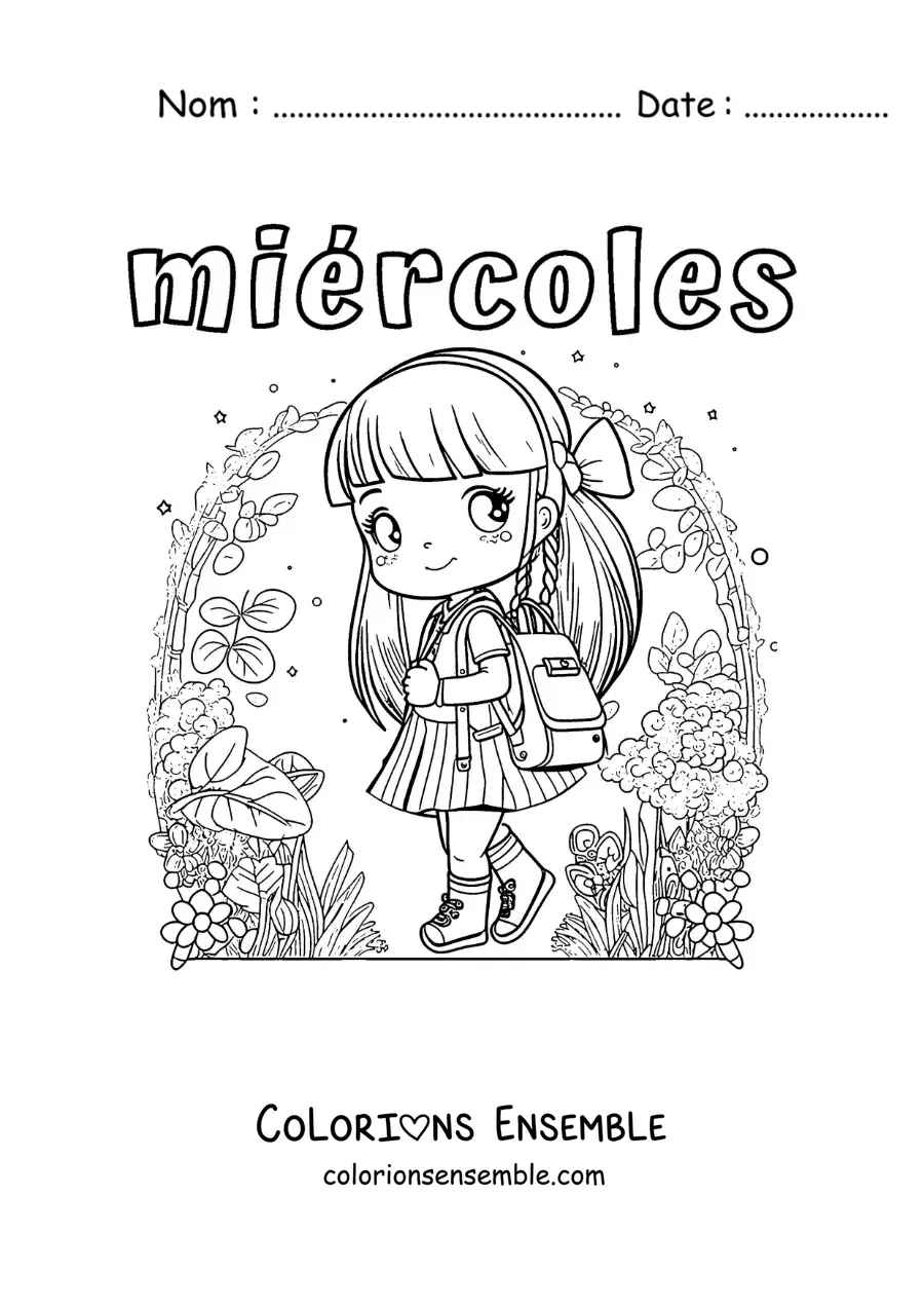 Image à colorier du mercredi avec une fille qui marche vers l'école