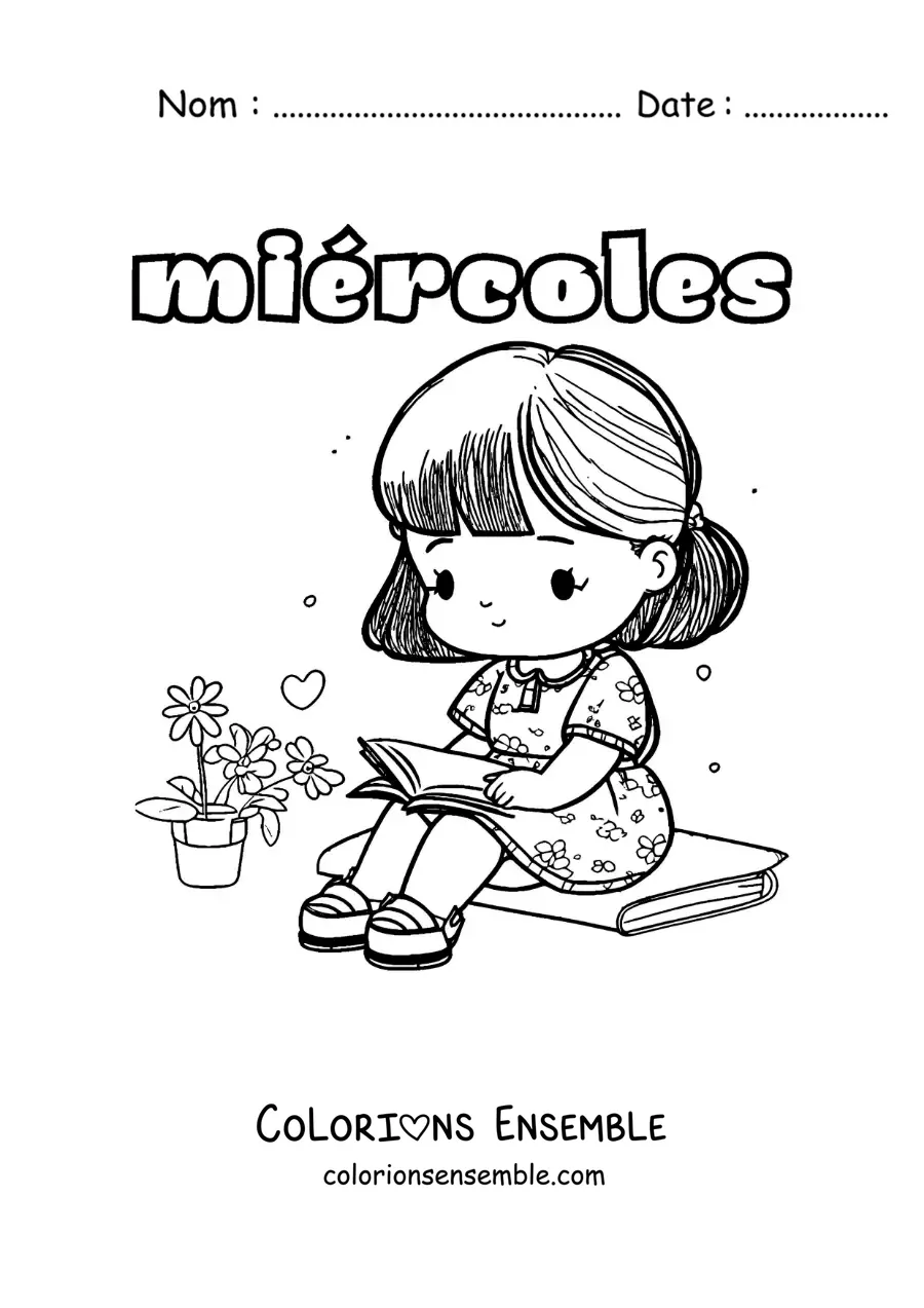 Image à colorier du mercredi avec une fille kawaii qui lit un livre
