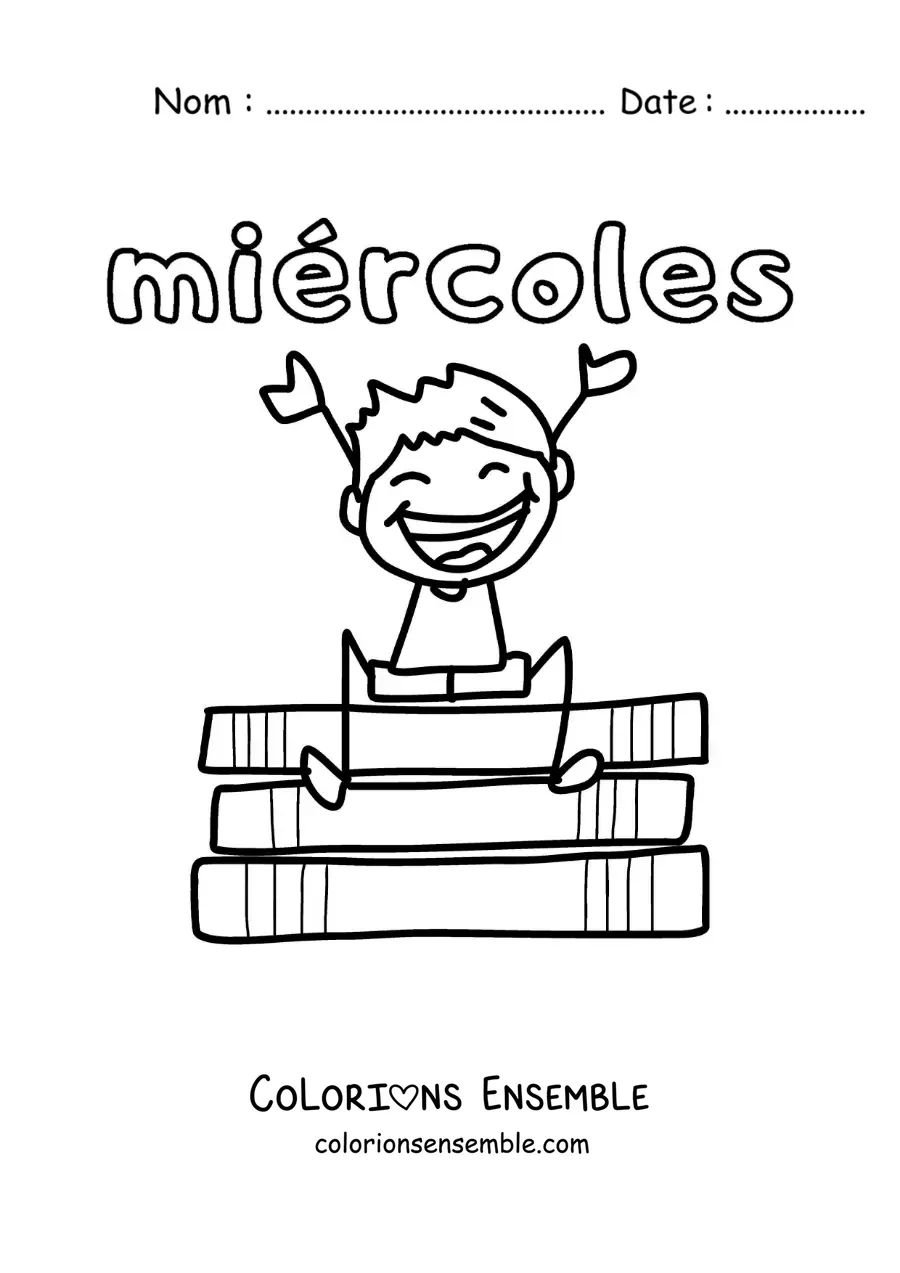 Image à colorier du mercredi avec un petit garçon heureux assis sur des livres