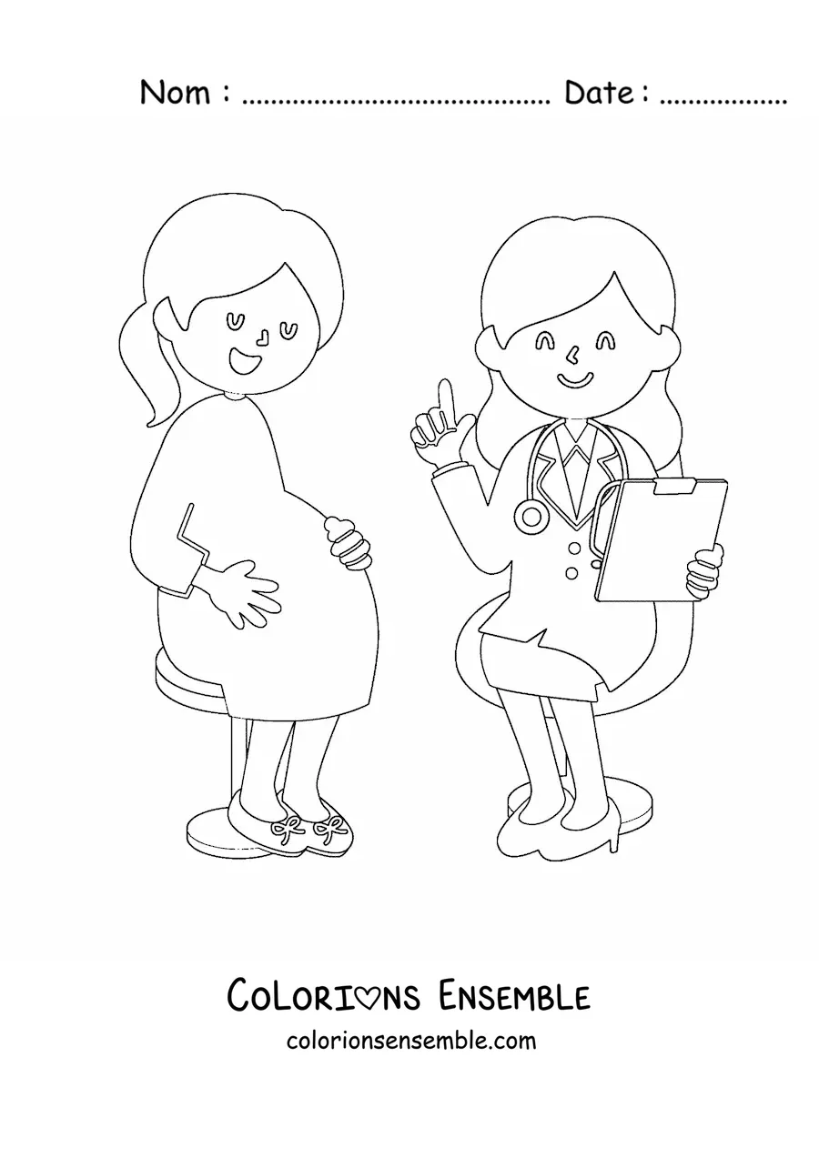Image à colorier d’une gynécologue avec une patiente enceinte kawaii