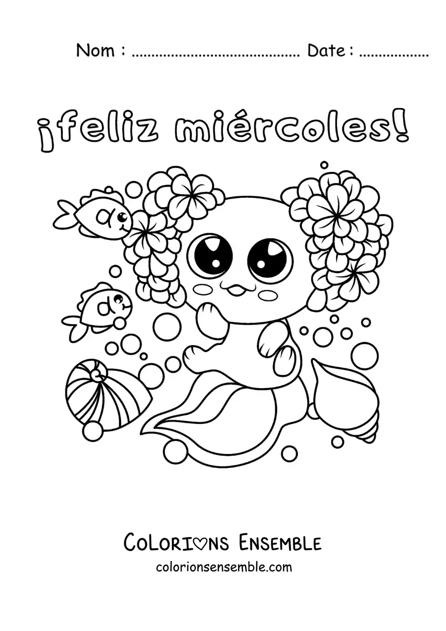 Image à colorier de joyeux mercredi avec un axolotl kawaii animé