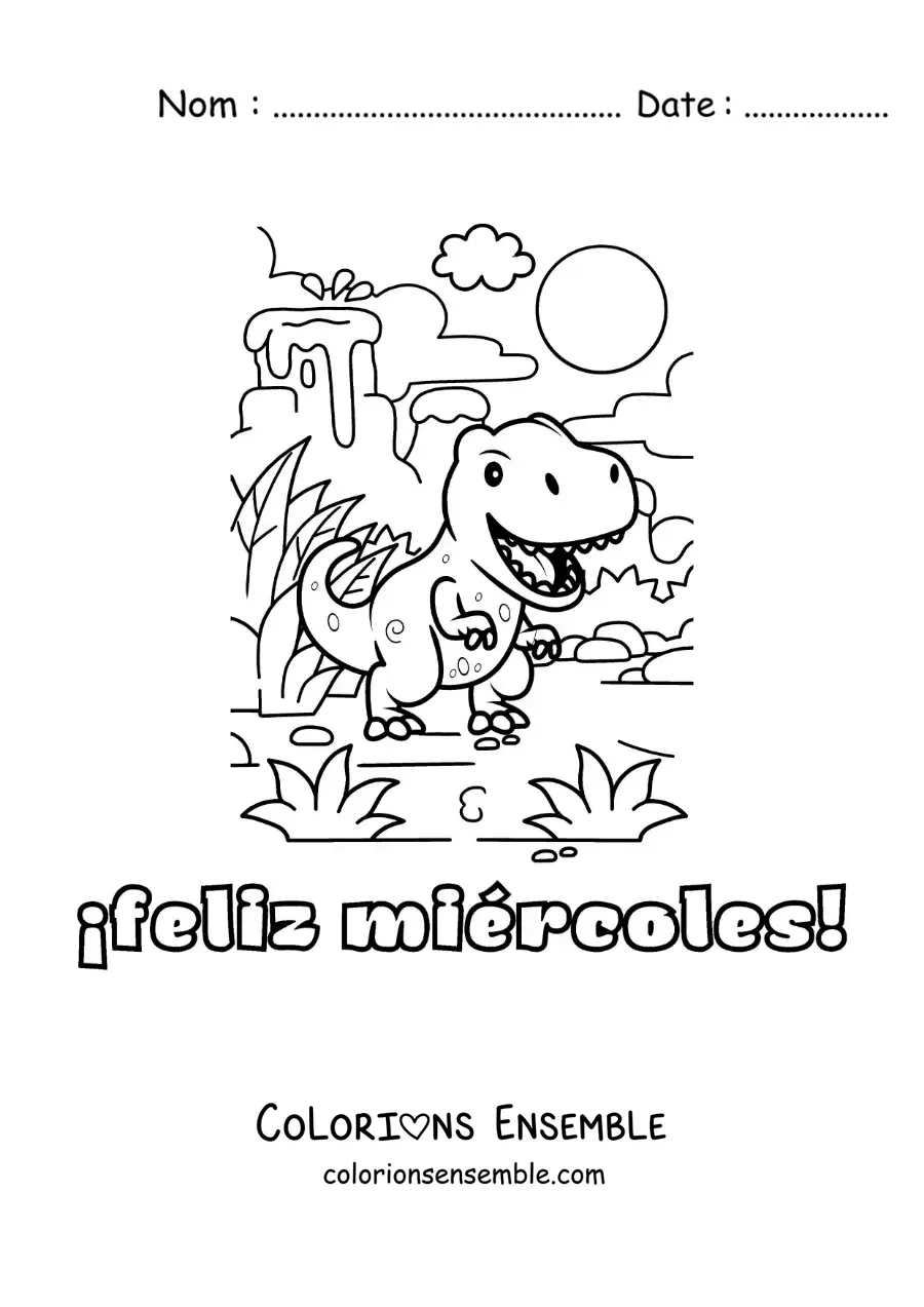 Image à colorier de bon mercredi avec un dinosaure animé