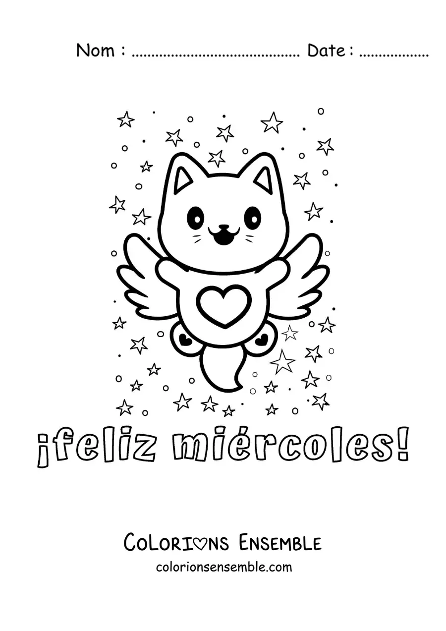 Image à colorier de bon mercredi avec un chat animé adorable