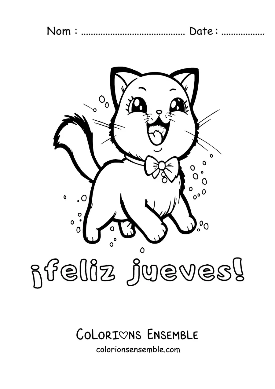 Image à colorier de bon jeudi avec un chat animé kawaii