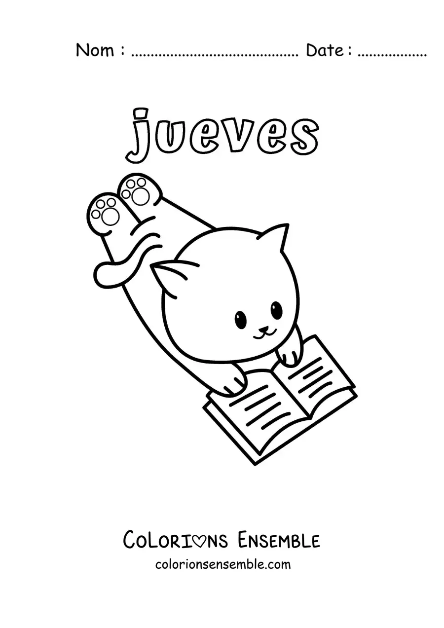 Image à colorier du jeudi avec un chat animé qui lit un livre