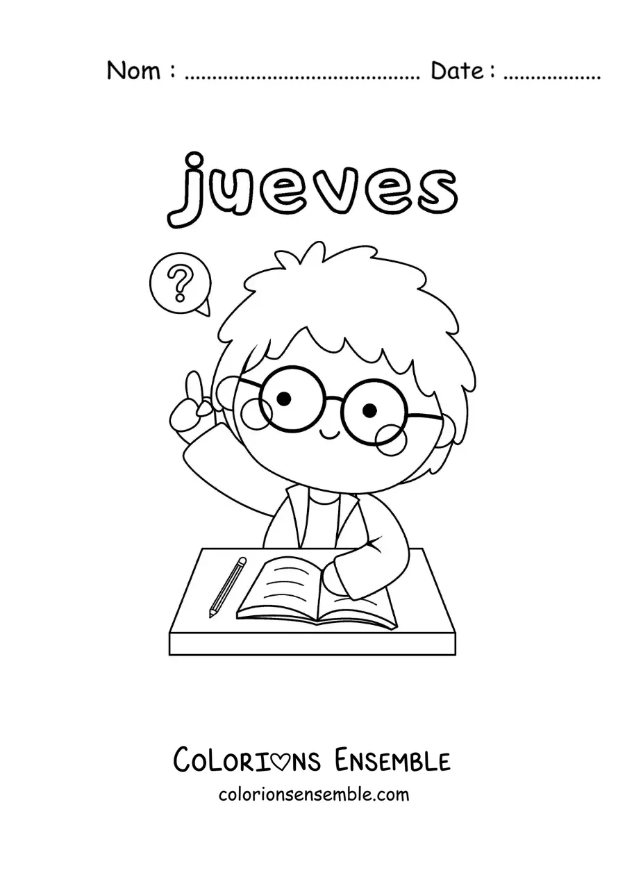 Image à colorier du jeudi avec un garçon qui lève la main en classe