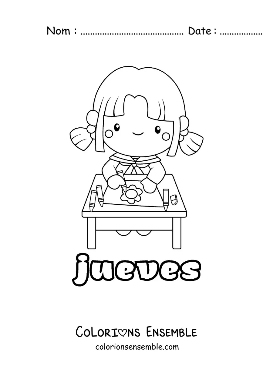 Image à colorier du jeudi avec une fille qui colorie en classe