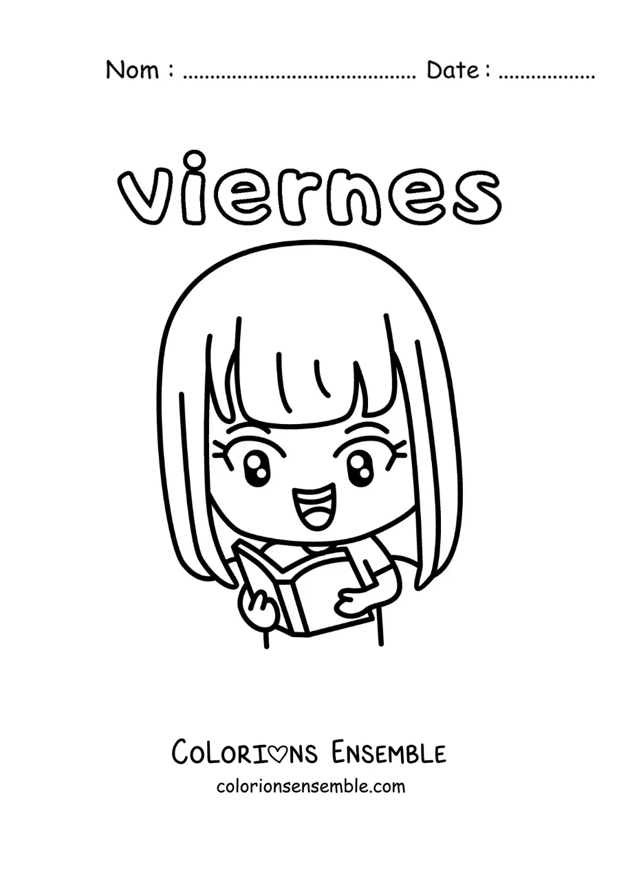 Image à colorier du vendredi avec une fille qui lit un livre