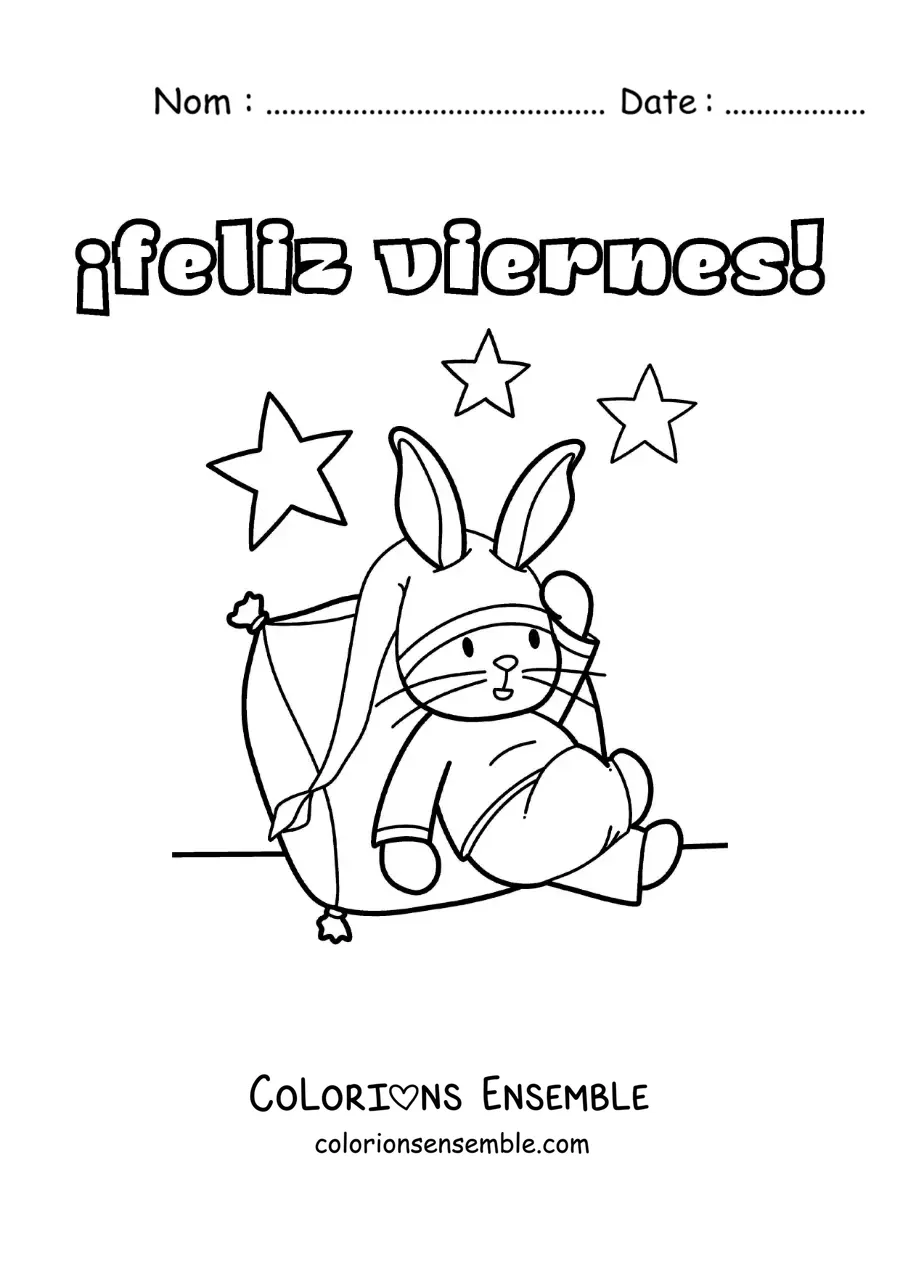 Image à colorier de bon vendredi avec un lapin animé qui dort en pyjama