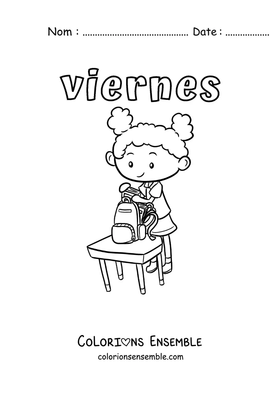 Image à colorier du vendredi avec une fille qui range ses affaires après les cours