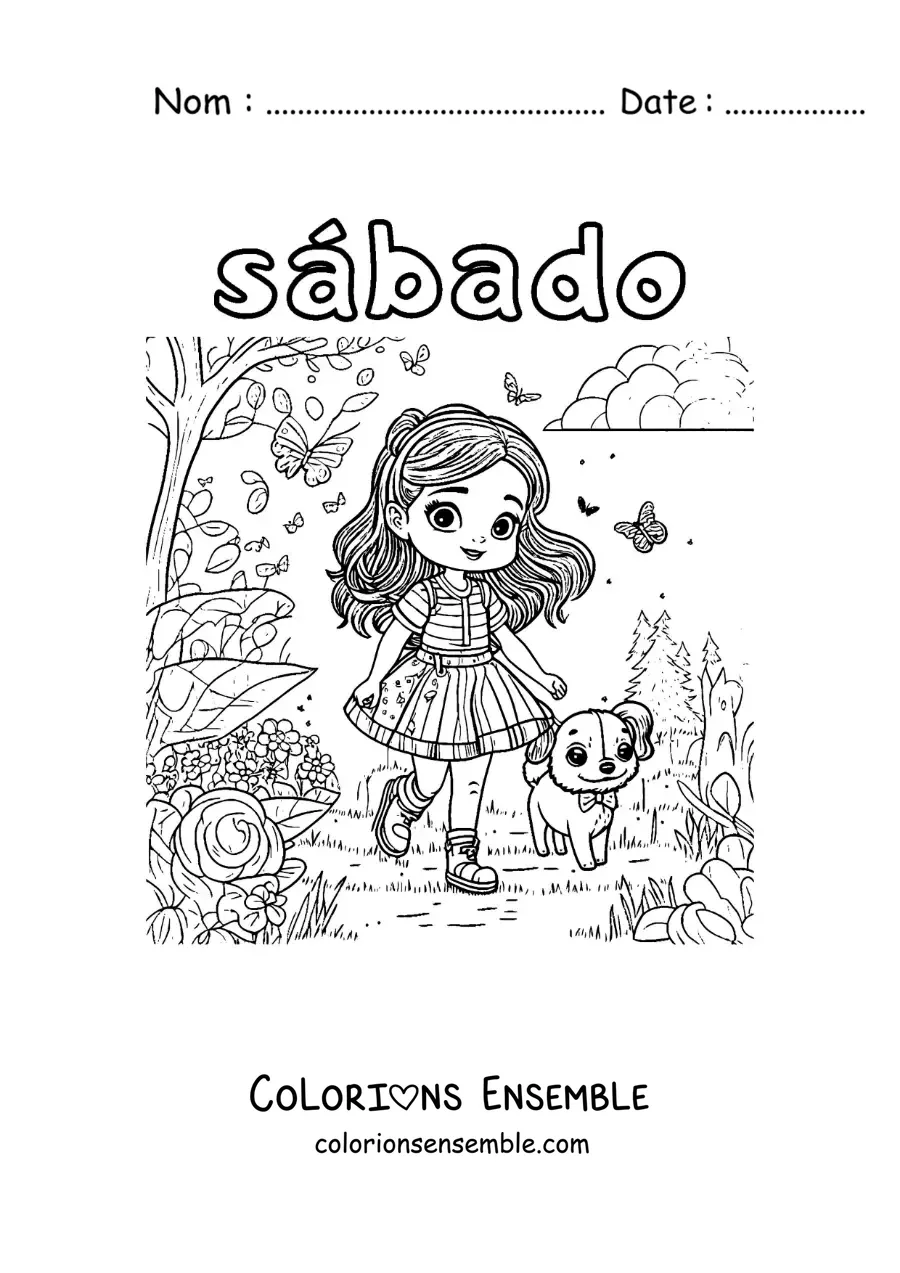 Image à colorier du samedi avec une fille qui promène son chien au parc