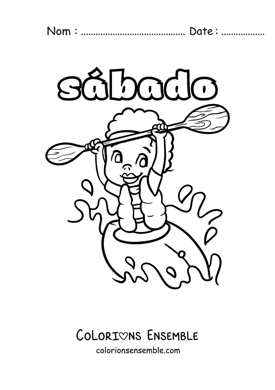 Image à colorier du samedi avec un garçon qui pagaie en kayak