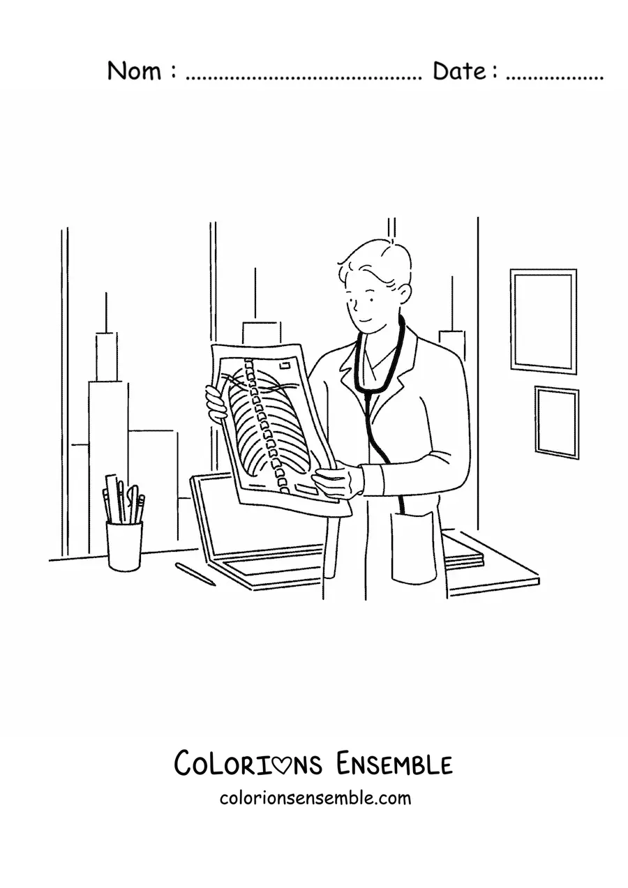 Image à colorier d’une médecin regardant des radios dans un cabinet