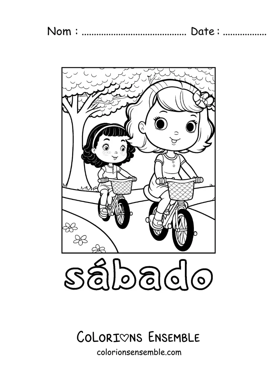 Image à colorier du samedi avec deux filles qui font du vélo au parc