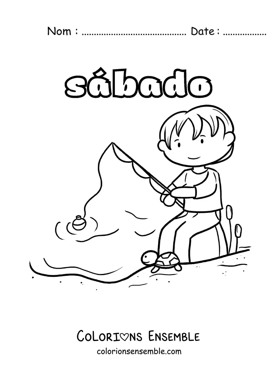 Image à colorier du samedi avec un garçon qui pêche dans un lac