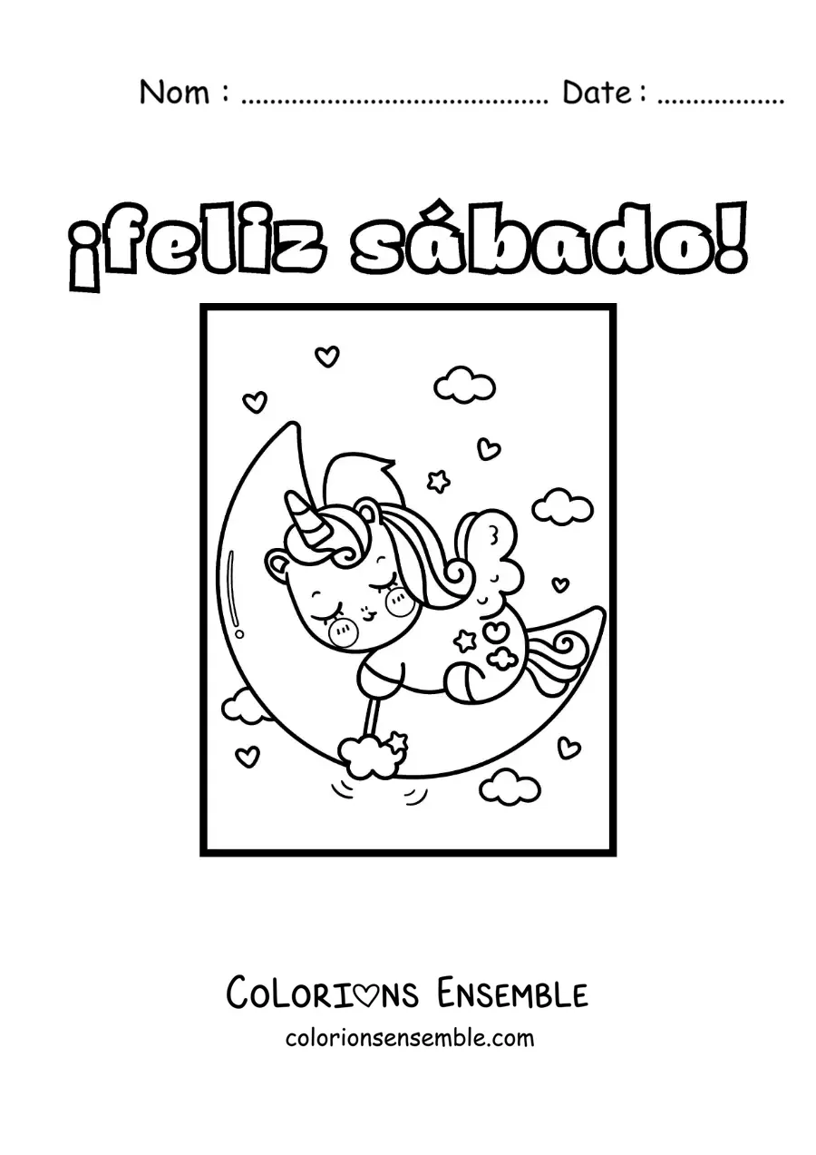 Image à colorier de bon samedi avec une licorne animée qui dort
