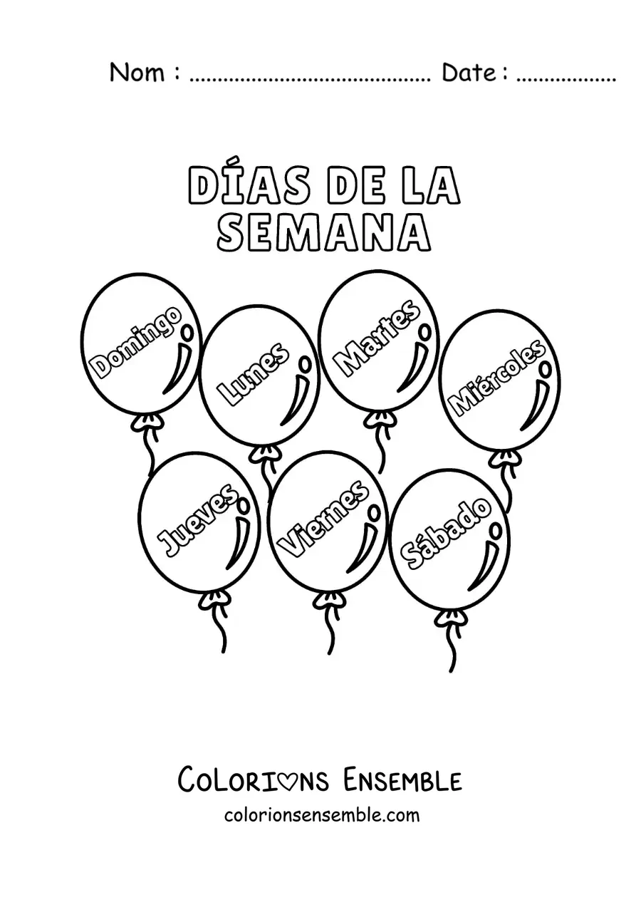 Image à colorier de ballons avec les jours de la semaine pour les enfants