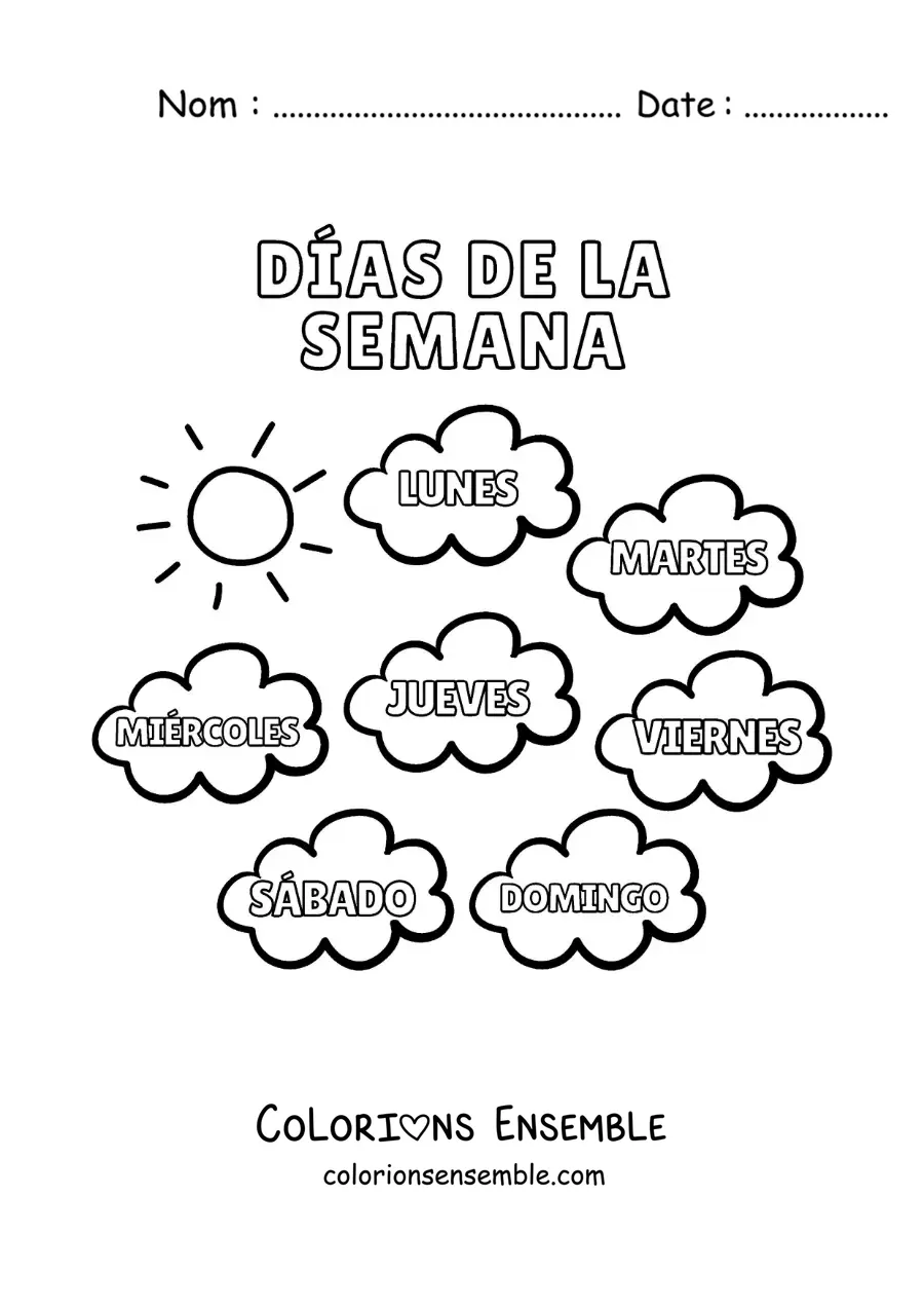 Image à colorier de nuages avec les jours de la semaine pour les enfants