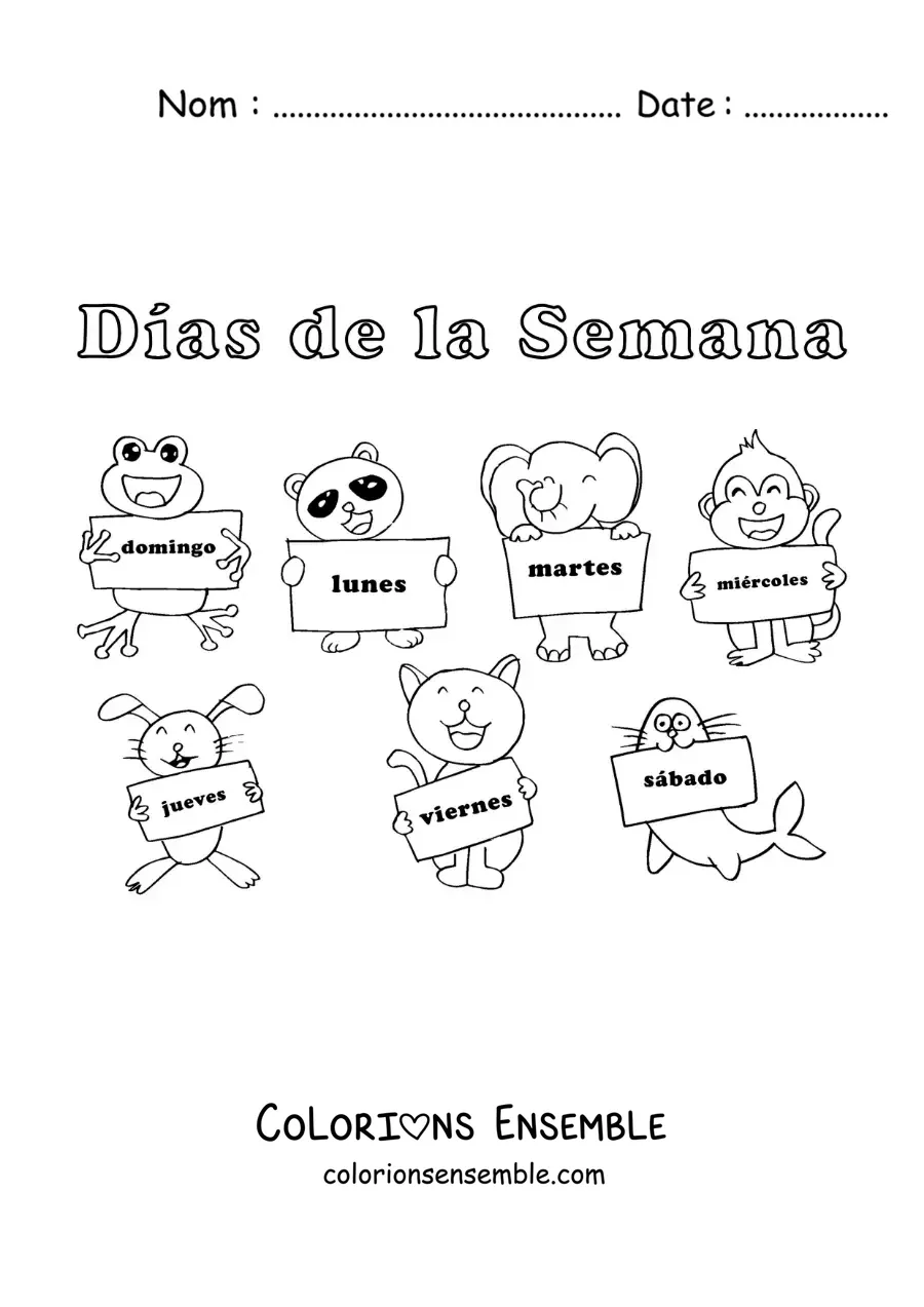 Image à colorier d'animaux animés avec les jours de la semaine pour les enfants