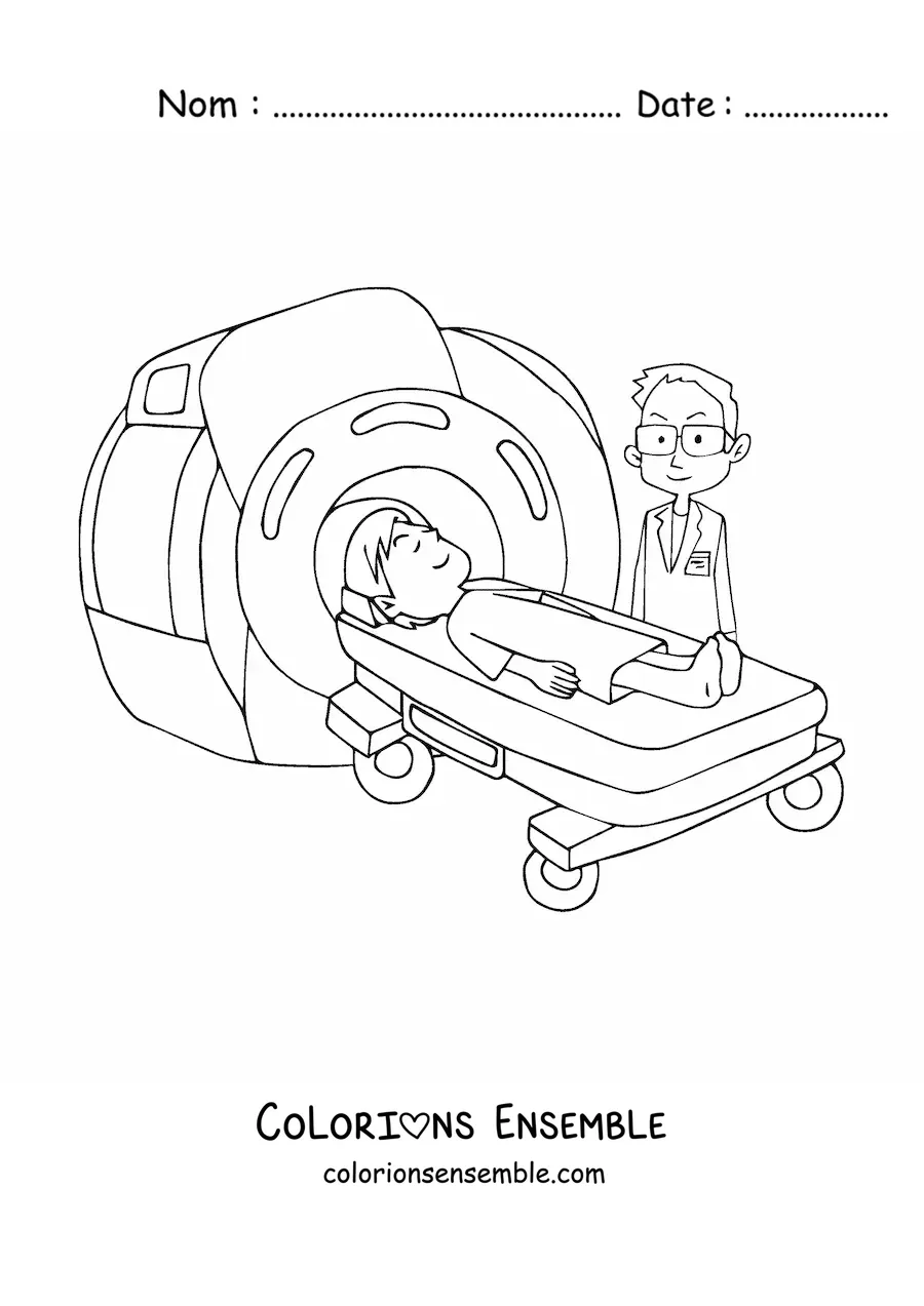 Image à colorier d’un médecin réalisant une IRM à un patient