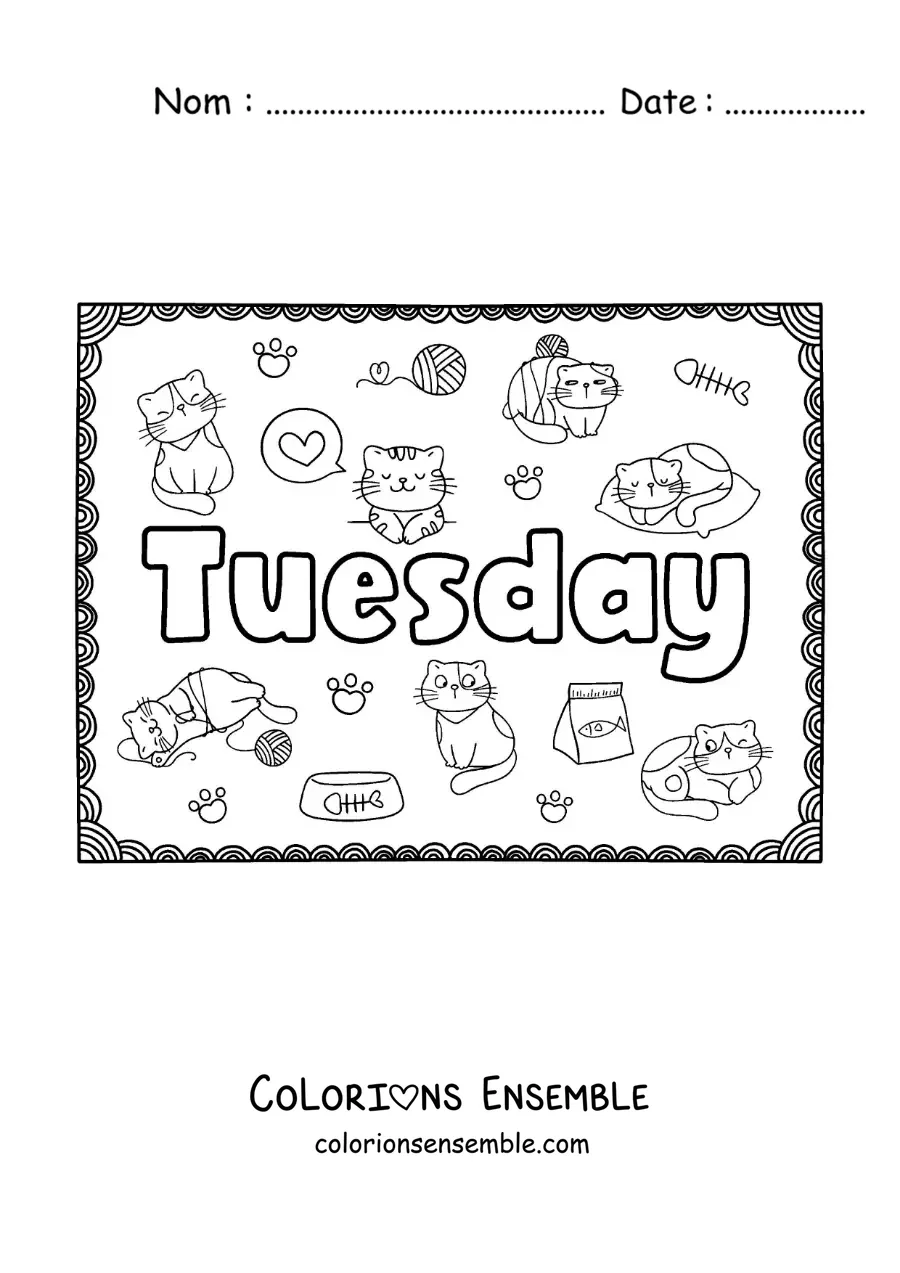 Image à colorier d'une affiche Tuesday avec des dessins animés