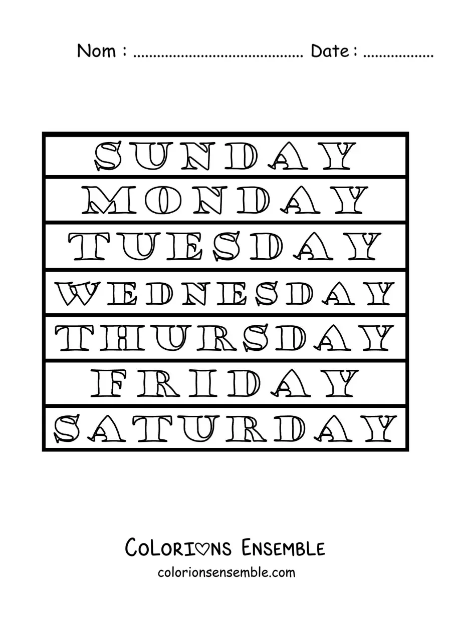 Image à colorier des jours de la semaine en anglais