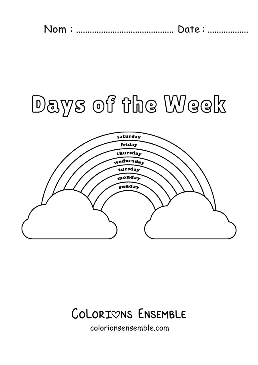 Image à colorier d'un arc-en-ciel pour apprendre les jours de la semaine en anglais