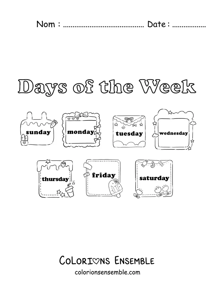 Image à colorier de fiches avec les jours de la semaine en anglais