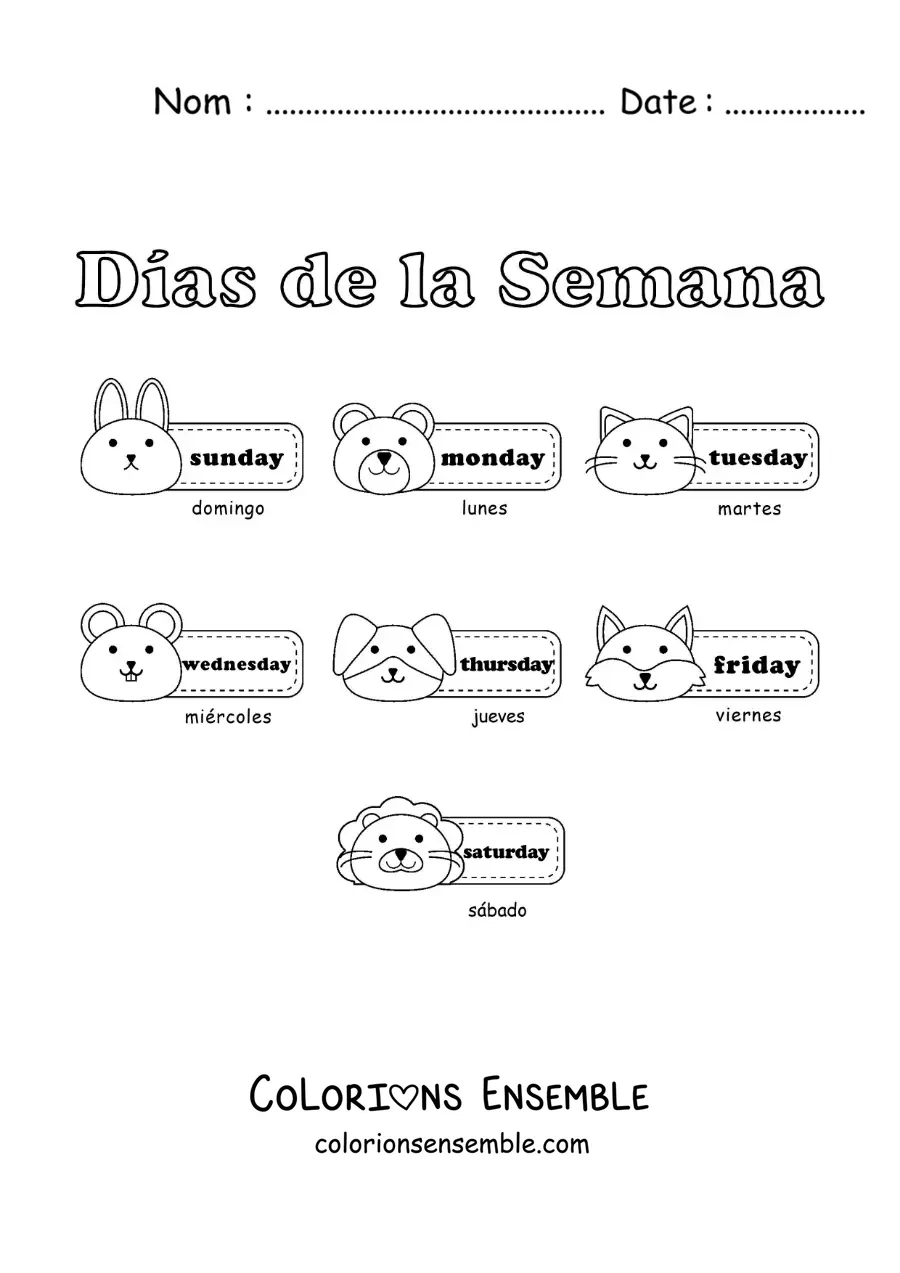 Image à colorier de fiches avec les jours de la semaine en anglais et en espagnol