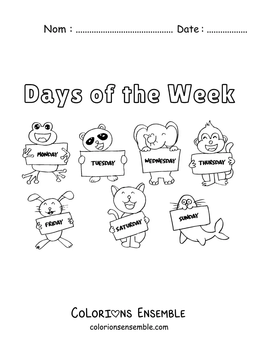 Image à colorier d'animaux animés avec les jours de la semaine en anglais
