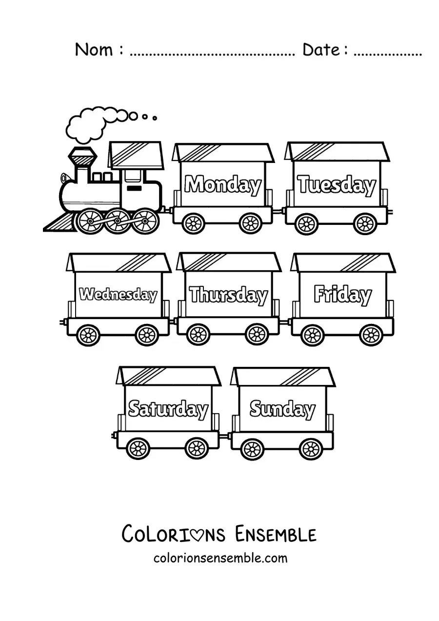 Image à colorier d'un train avec les jours de la semaine en anglais