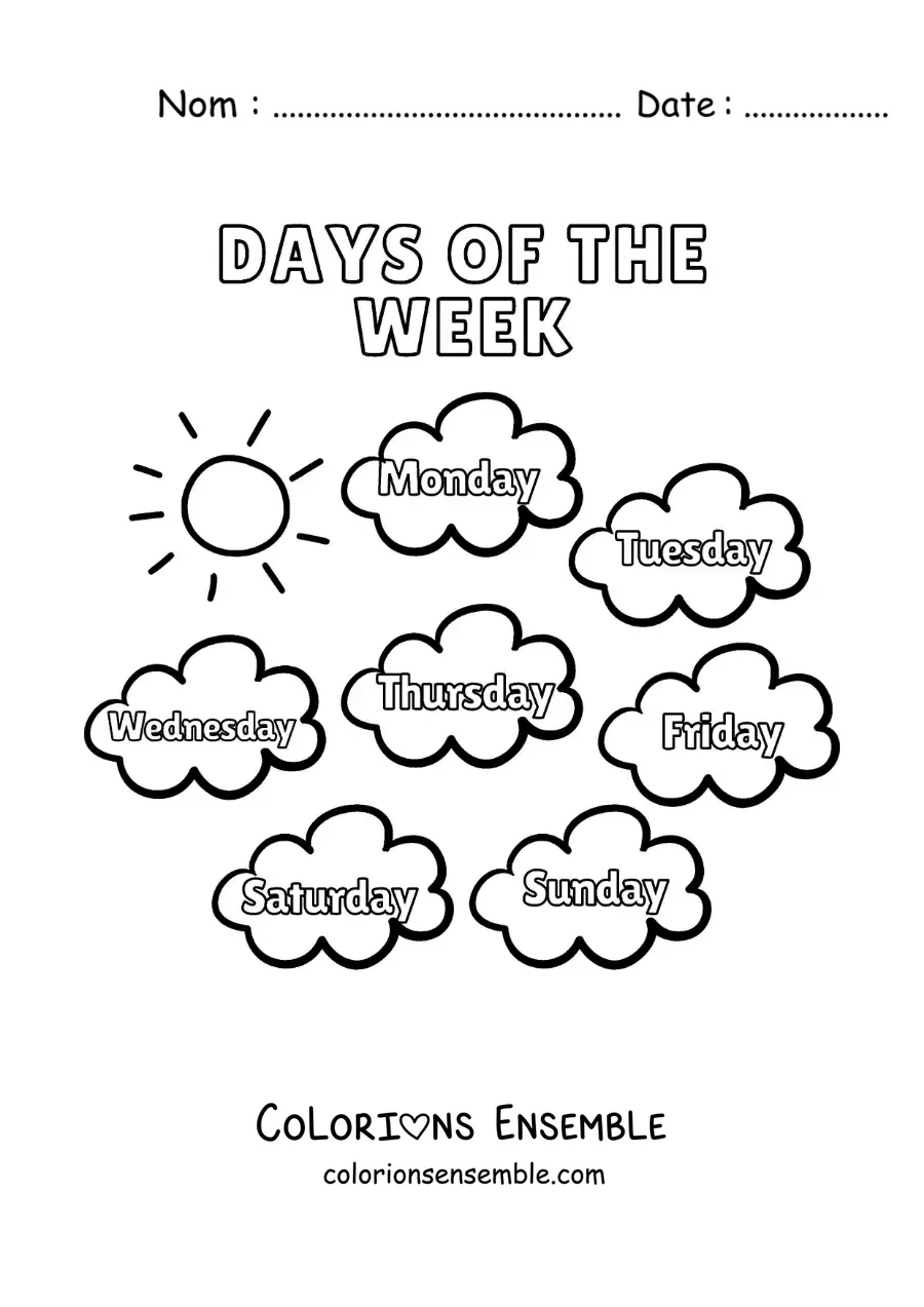 Image à colorier de nuages avec les jours de la semaine en anglais