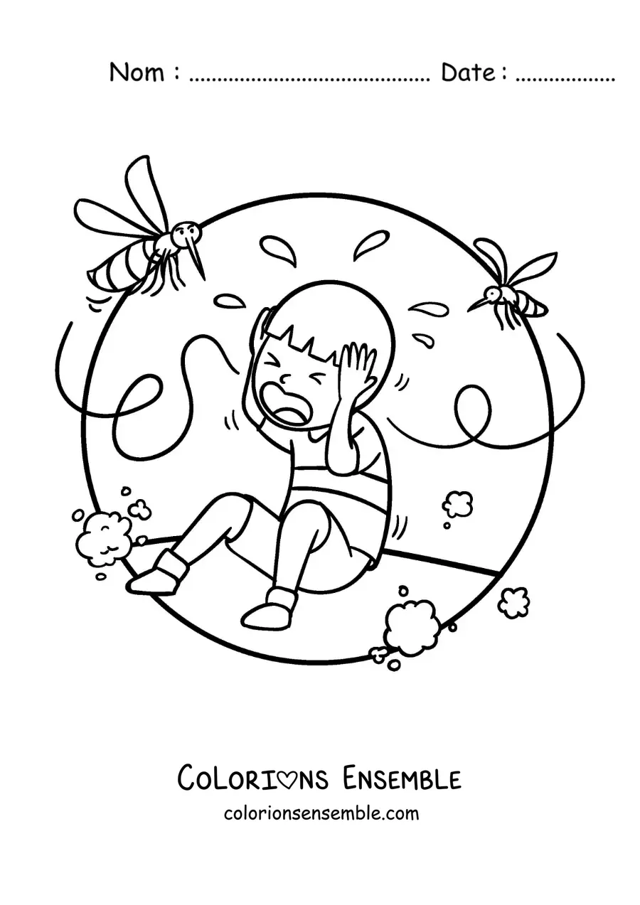 Image à colorier d'un moustique qui pique un garçon