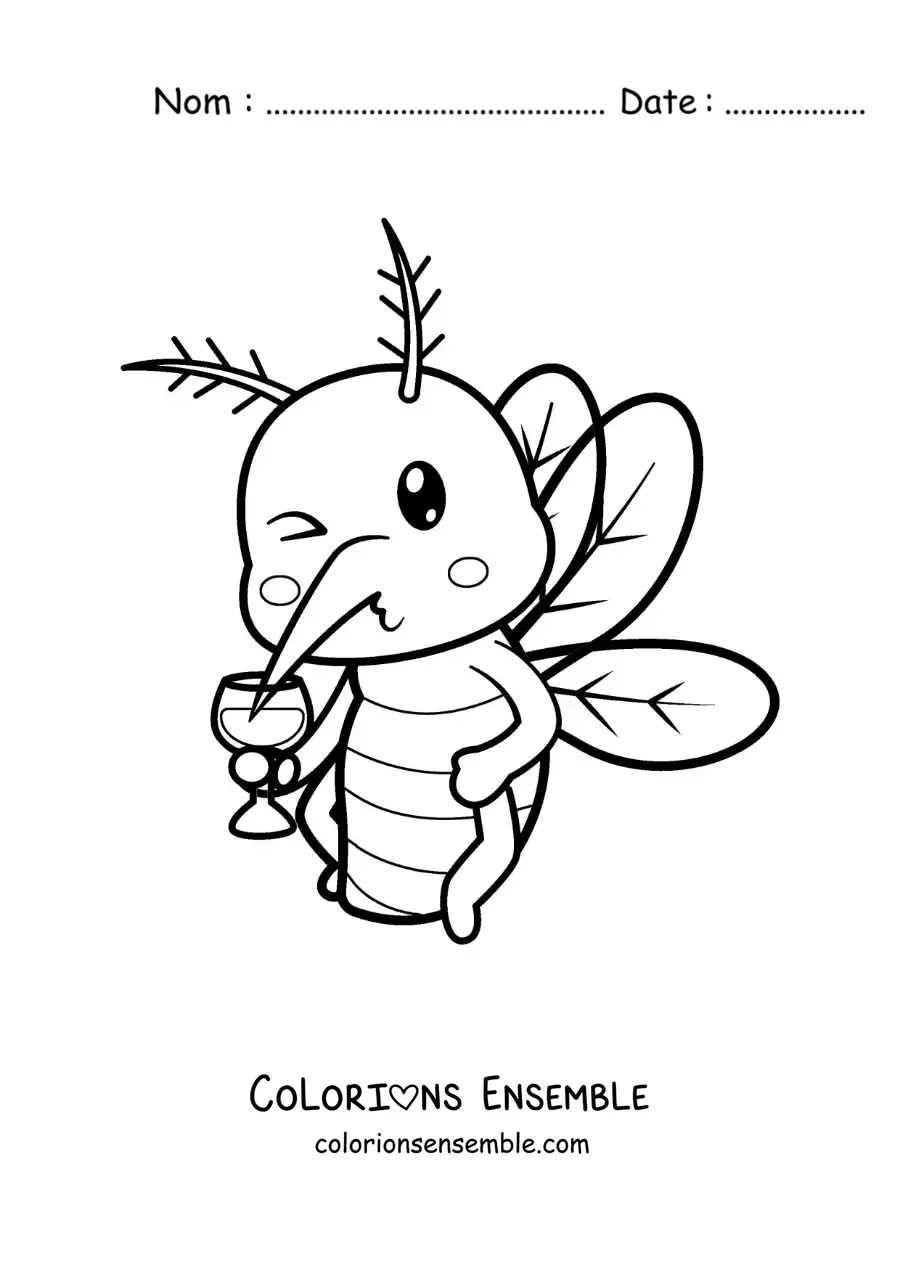 Image à colorier d’un moustique rigolo qui boit du sang dans un verre
