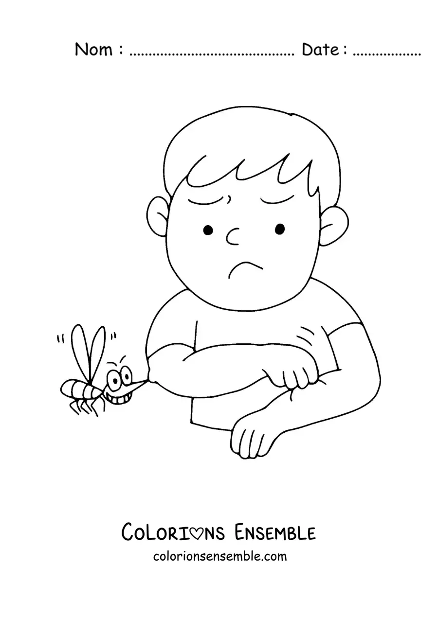 Image à colorier d’un moustique qui pique un petit garçon