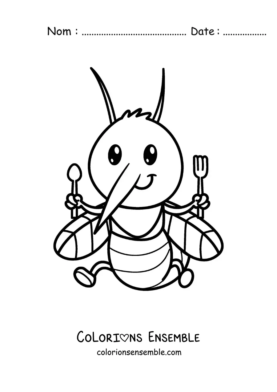 Image à colorier d’un moustique rigolo avec des couverts