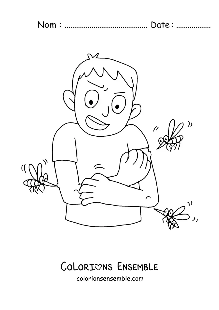 Image à colorier d’un moustique de la dengue qui pique un petit garçon
