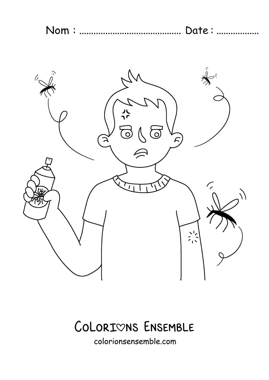 Image à colorier d’un garçon avec un répulsif anti-moustiques