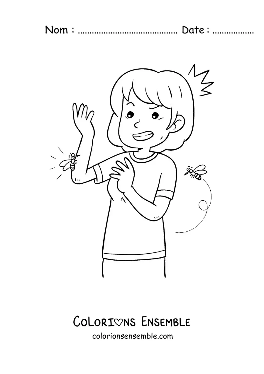 Image à colorier d’un moustique qui pique une petite fille
