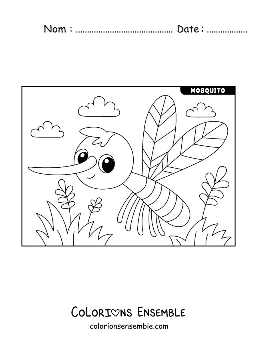 Image à colorier d’un moustique Aedes aegypti rigolo avec des fleurs