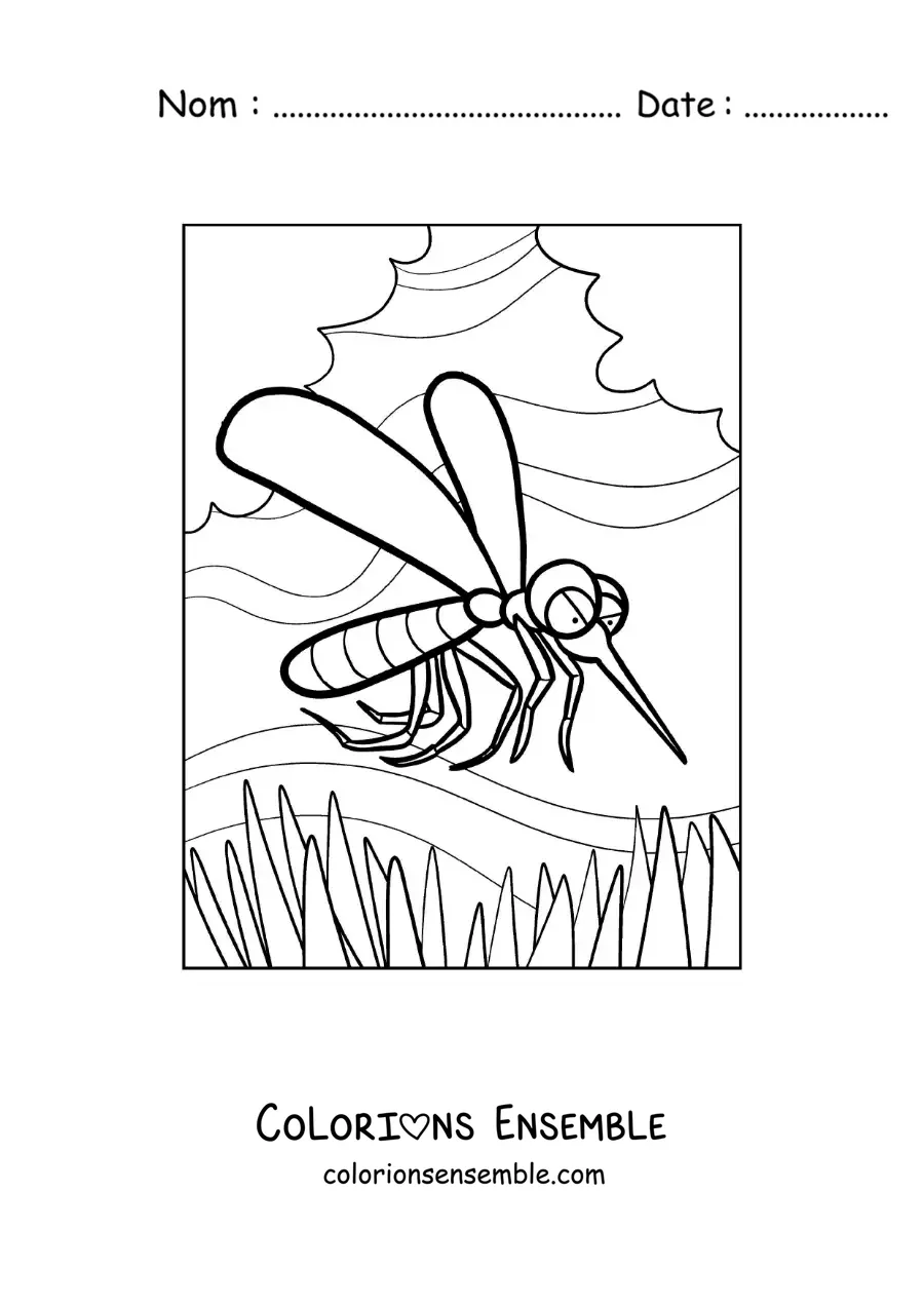 Image à colorier d’un méchant moustique rigolo en plein vol