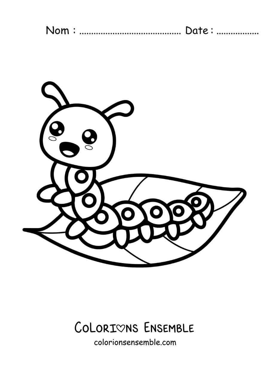 Image à colorier d’une chenille kawaii sur une feuille