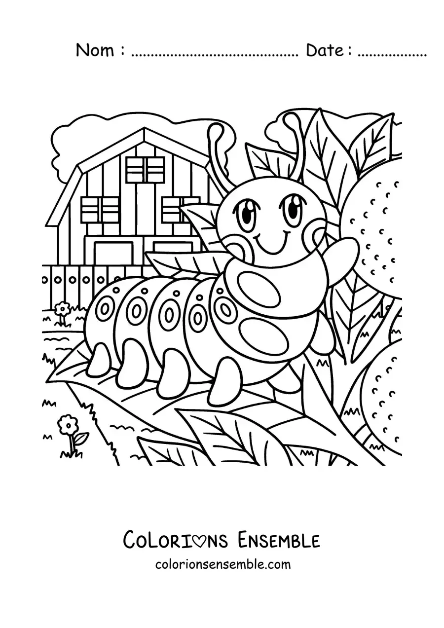 Image à colorier d’une chenille rigolote sur une feuille