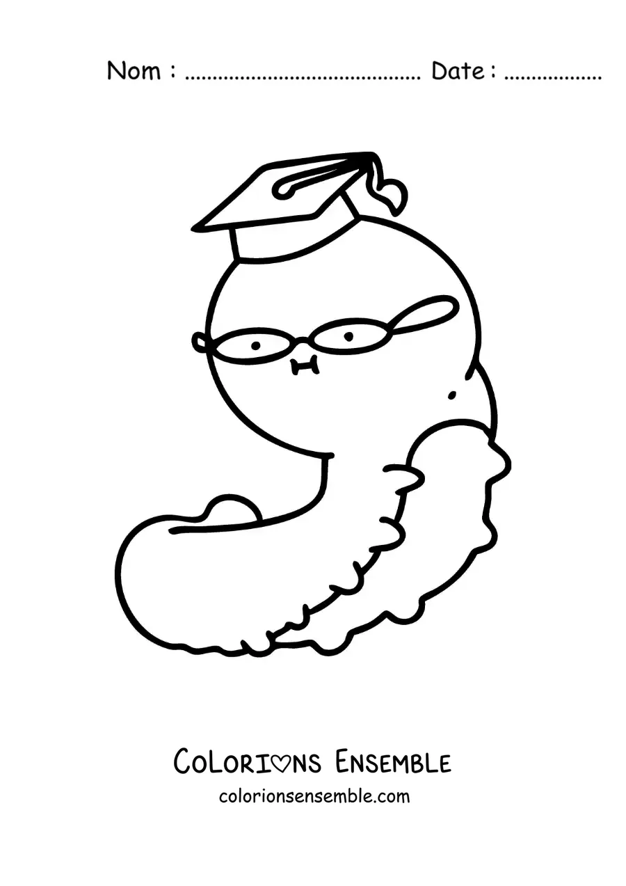 Image à colorier d’une chenille rigolote avec une toque de diplômé