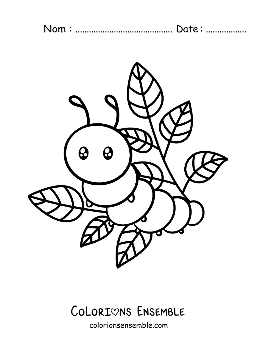 Image à colorier d’une chenille kawaii avec des feuilles